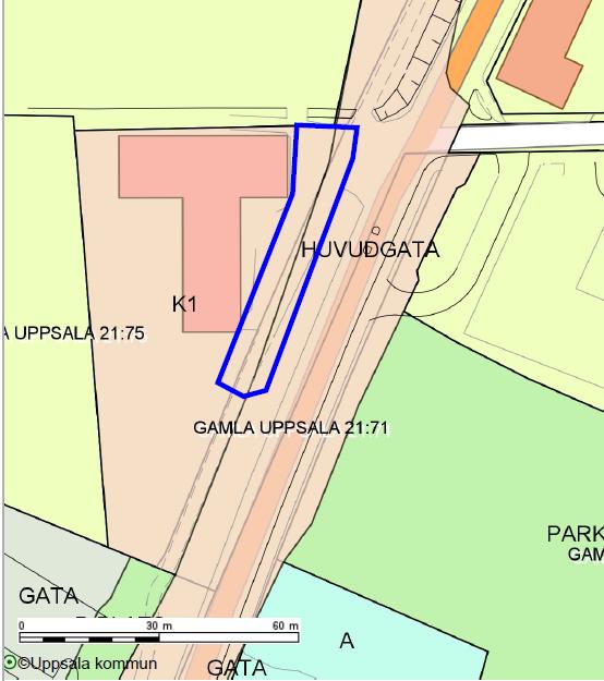 Marken är planlagd som allmän plats HUVUDGATA.