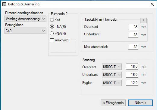 caeec220 Pelare betong Sidan 9(16) 3.2.1 Betong & Armering När guiden startas visas en ny dialogruta där indata för Betong & Armering anges (dessa instruktioner gäller även då indata matas in manuellt).