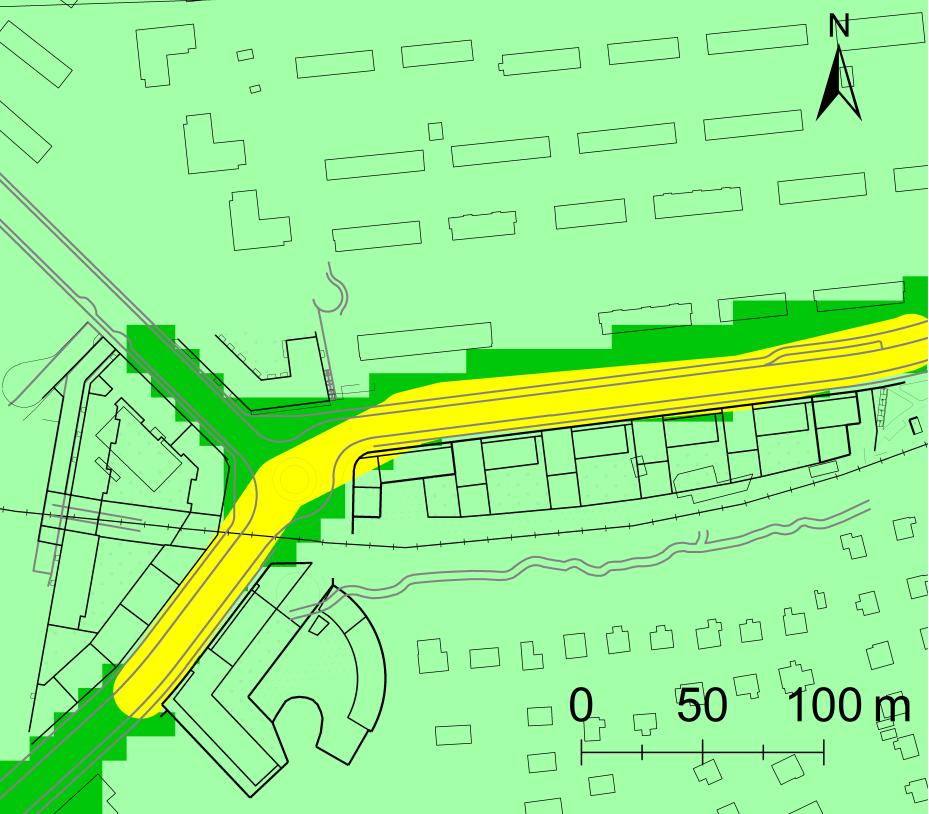 PM10-halter för utbyggnadsalternativet år 2015-2020 Figur 6 visar beräknad medelhalt av partiklar, PM10 under det 36:e värsta dygnet för utbyggnadsalternativet år 2015-2020.