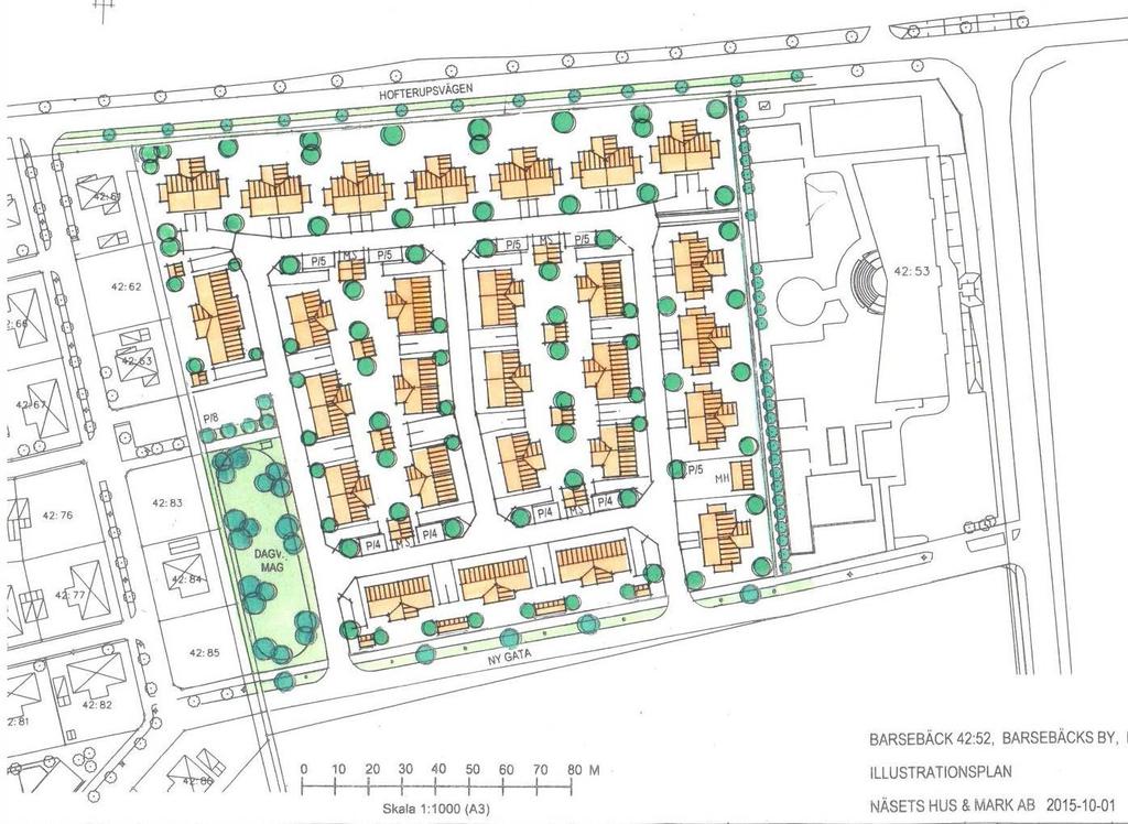 Föreslagen bebyggelse Området kan bebyggas med parhus/radhus med cirka 50 bostäder med tillhörande trädgårdar eller med cirka 40 villor på tomter kring 400 800 m2.