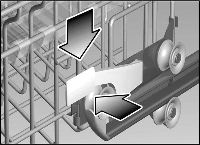 Överkorg med handtag i sidan Dra ut överkorgen 1". För att sänka den, tryck de båda handtagen till vänster och till höger på korgens utsida inåt. Håll därvid från sidan fast korgen i övre kanten.