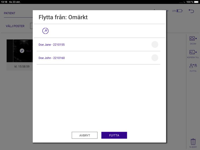 Använd ikonen VÄLJ för att välja en bild som ska skickas till en DICOM-server, kopieras eller flyttas. Välj sedan varje bild som du vill använda.