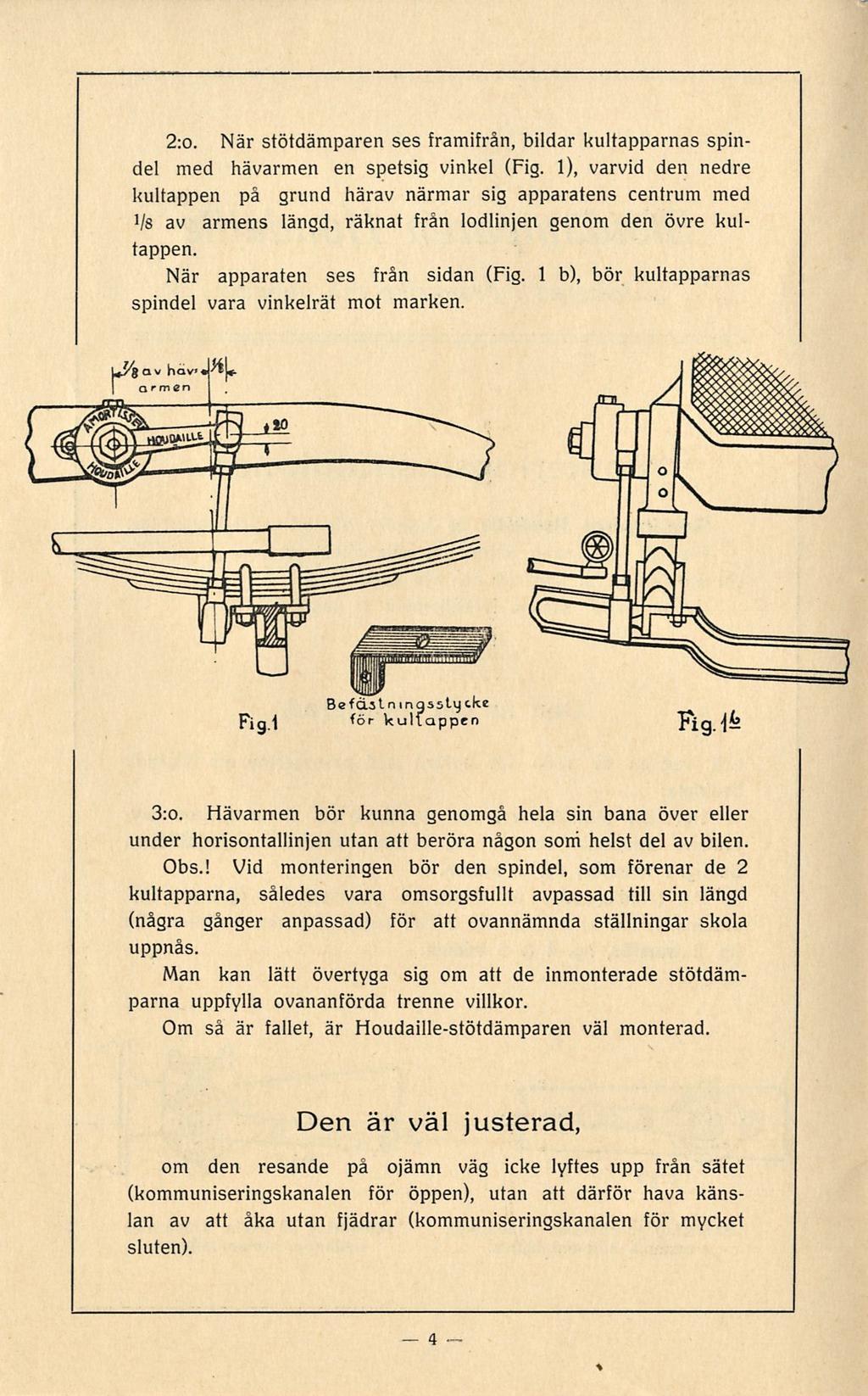 % 2:o. När stötdämparen ses framifrån, bildar kultapparnas spindel med havarmen en spetsig vinkel (Fig.