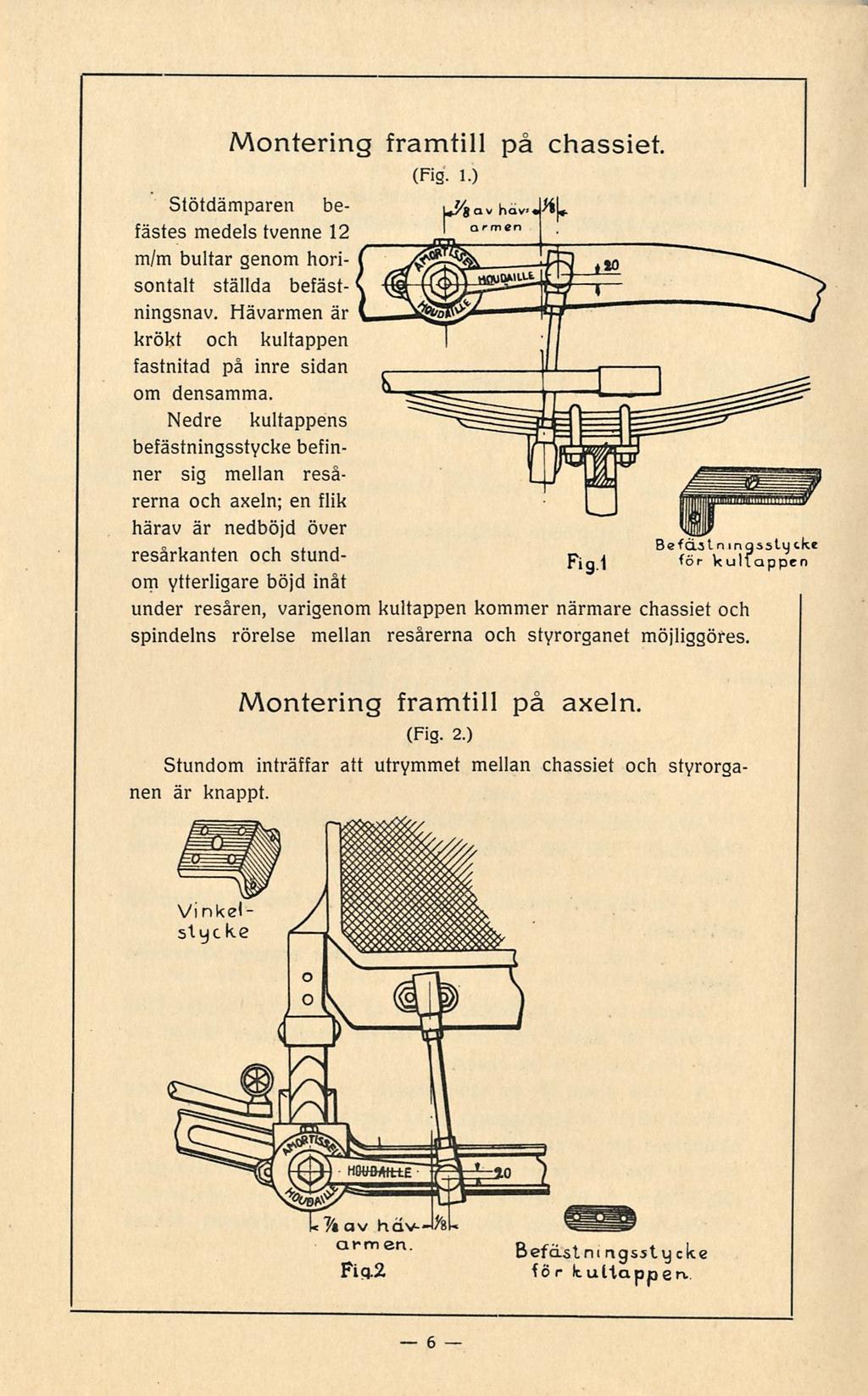 6 Montering framtill på chassiet. (Fig. 1.) Stötdämparen be fästes medels tvenne 12 m/m bultar genom horisontalt ställda befästningsnav.