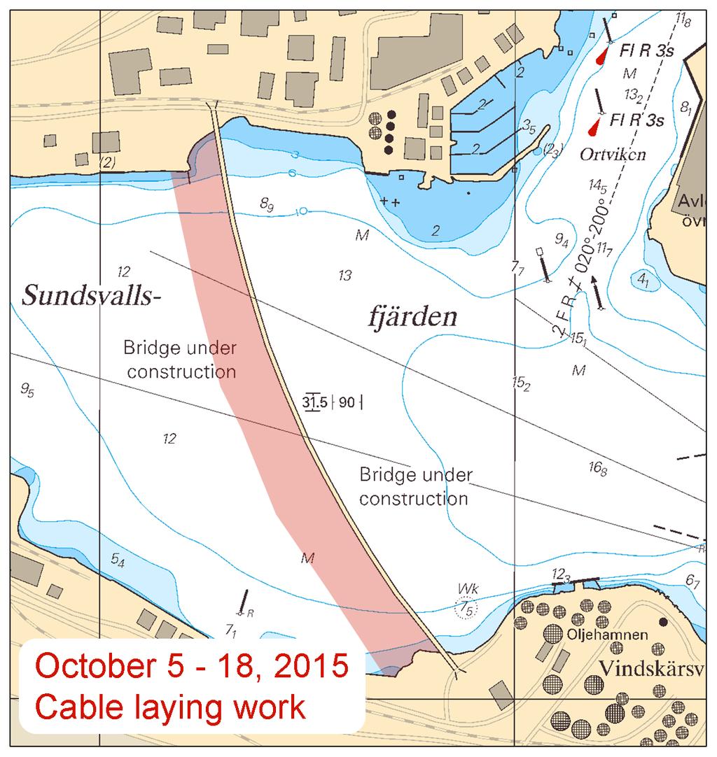 2015-10-01 4 Nr 566 Sjökabel. Structor AB. Publ. 25 september 2015 * 10672 (P) Sjökort: 523, 524 Sverige. Bottenhavet. Härnösand. Fällön - Härnön. Södra sundet. Kabelläggning.