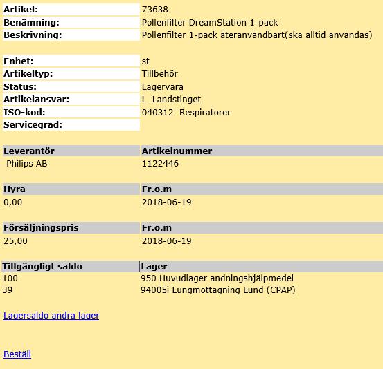 Artikelinformation I den detaljerade artikelinformationen visas information om leverantören, pris och tillgängligt saldo.