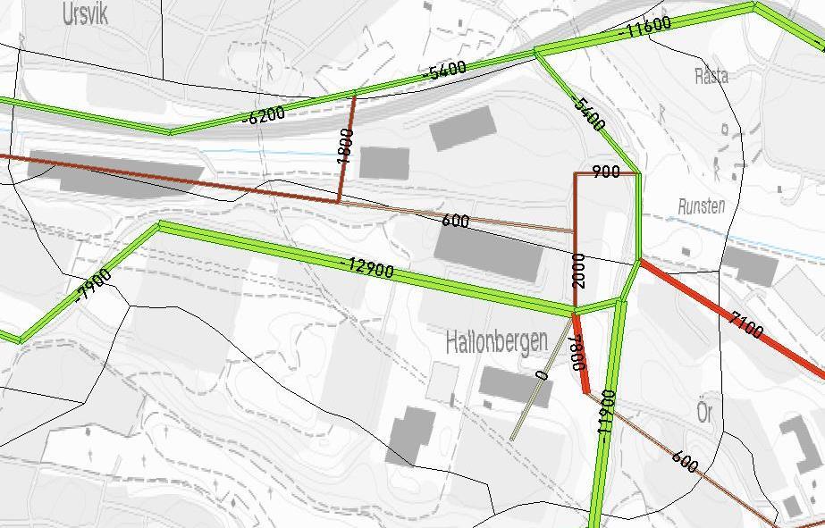 Differens mot JA Figur 14. Lokal bild av differens i prognostiserat antal fordon per vardagsmedeldygn 2025/2030 mellan UA1 och JA.