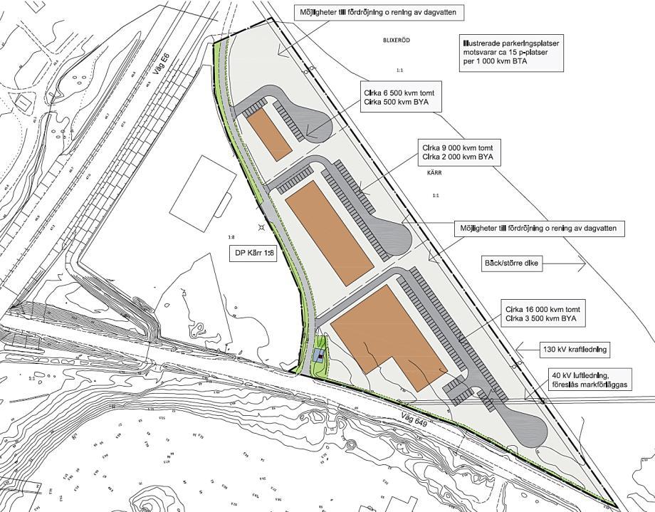 6 (22) 1.2 Planförslag Planområdet 0317-11 är ca 3,5 ha och omfattar del av fastigheten Kärr 1:1. Idag utgörs planområdet av jämn åkermark med små nivåskillnader, mellan + 47,5 m och + 49 m.