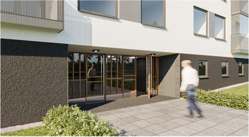 Entréer Nya entrépartier i ek Skifferbeklädnad på vägg vid entré Målning