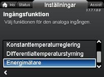 "Funktion för analog ingång" Välj ingångens funktion, till exempel värmeenergimätare som i exemplet nedan.