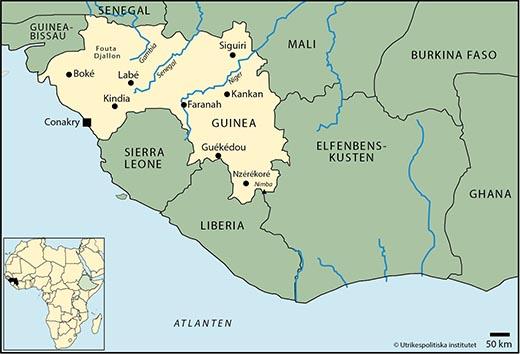 Yta 245 857 km2 (2017) Tid svensk - 1 timme Angränsande land/länder Guinea-Bissau, Senegal, Mali, Elfenbenskusten, Liberia, Sierra Leone Huvudstad med antal invånare Conakry 2 100 000 (uppskattning