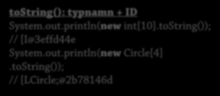 Default-implementationer tostring(): typnamn + ID System.out.