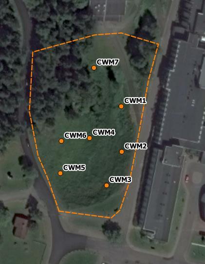 MILJÖTEKNISK MARKUNDERSÖKNING, BILLINGEHUS 4 - SKÖVDE KOMMUN 11 Figur 5. Provtagningspunkter undersökta juni månad år 2017, CWM1-7. Orange streckad linje avser ungefärligt undersökningsområde.