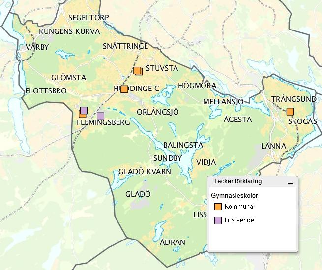 Sjödalsgymnasiet, Sågbäcksgymnasiet och Östra gymnasiet. De fristående är ITgymnasiet Södertörn och Yrkesgymnasiet.