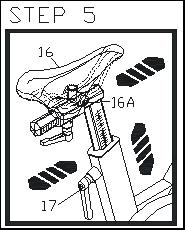 Steg 5 (sadel och sadelstolpe) För in sadelstolpen (14) i sadelröret. Fäst sadeln (16) vid sadelfästet (16A). Justera justerskenan framåt eller bakåt och dra åt med låsspaken (17).