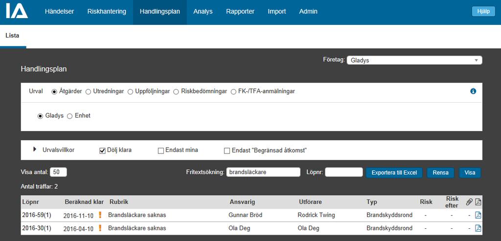 Sida 7 av 11 4. HANDLINGSPLAN 4.1. Fritextsökning För att göra det enklare att hitta specifika åtgärder, utredningar, uppföljningar, riskbedömningar och anmälningar har vi lagt till en fritextsökning i handlingsplanen.