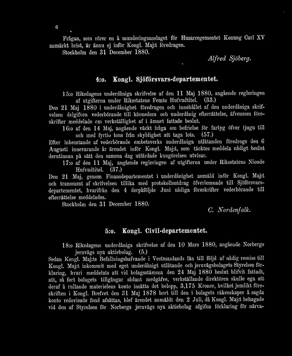 ) Den 21 Maj 1880 i underdånighet föredragen och innehållet af den underdåniga skrifvelsen delgifven vederbörande till kännedom och underdånig efterrättelse, äfvensom föreskrifter meddelade om