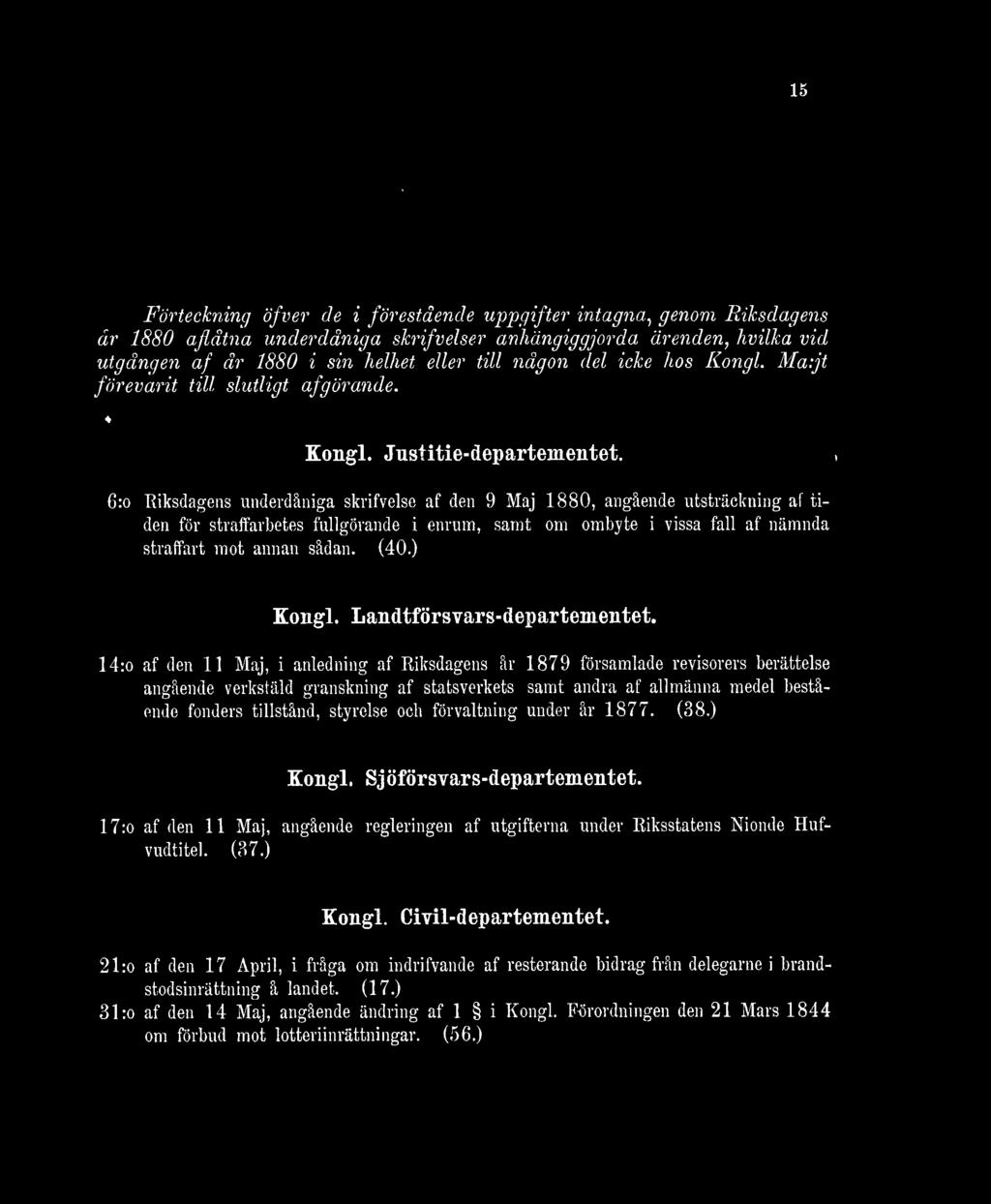6:o "Riksdagens underdåniga skrifvelse af den 9 Maj 1880, angående utsträckning af tiden för straffarbetes fullgörande i enrum, samt om ombyte i vissa fall af nämnda straffart mot annan sådan. (40.