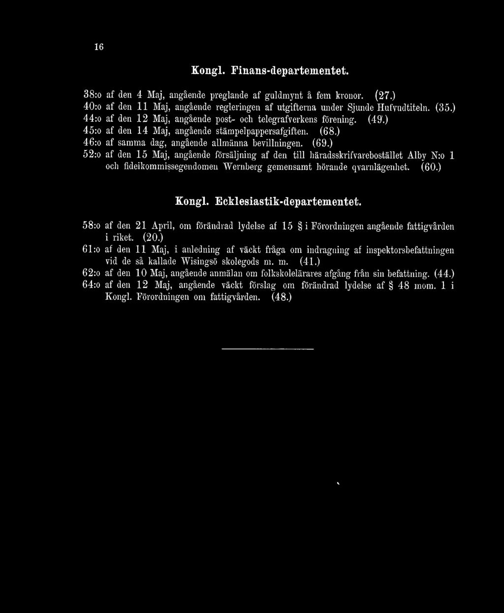 16 Kong!. Finans-departementet. 38:o af den 4 Maj, angående pinglande af guldmynt å fem kronor. (27.) 40:o af den 11 Maj, angående regleringen af utgifterna under Sjunde Hufvudtiteln. (35.