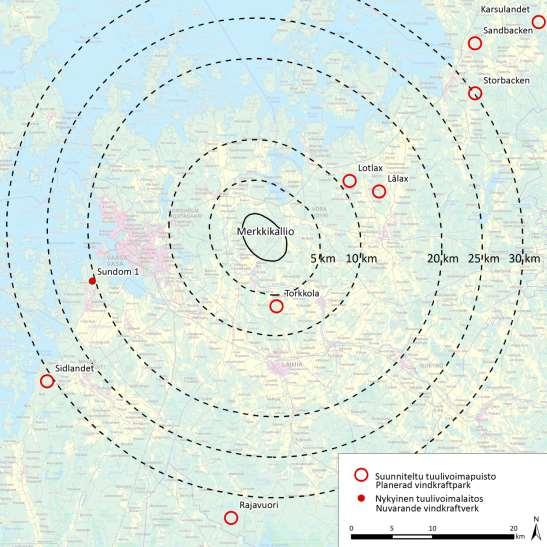 Tabell 15.1. Andra vindkraftsprojekt i närheten av Märkenkall vindkraftspark. Avstånden har mätts från gränserna för projektområdena och motsvarar således inte avståndet mellan kraftverken.
