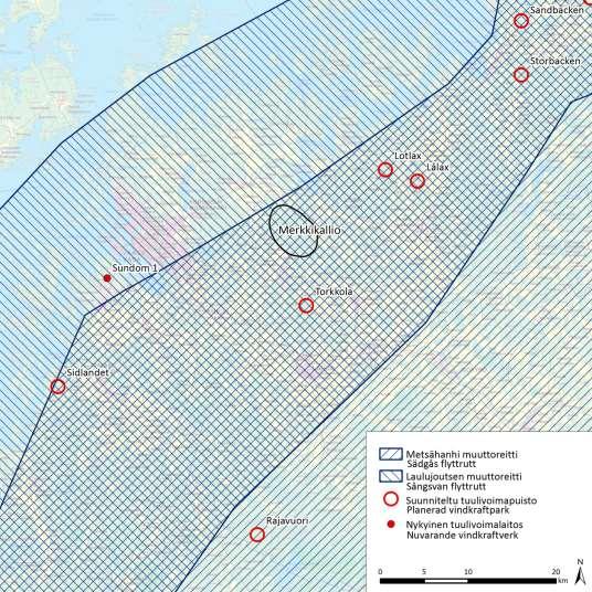 15.4 Vindkraftsparkernas samverkande konsekvenser 15.4.1 Fågelbestånd Vid bedömningen utnyttjades flytt- och häckfågeltaxeringar som gjorts för de närmaste vindkraftsprojekten, andra utredningar av