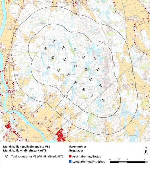 Tabell 11.2. Antalet bostäder och fritidshus på mindre än en och två kilometers avstånd från vindkraftverken. Inom parentes visas fritidshuset som OX2 hyrt för vindkraftsparken.