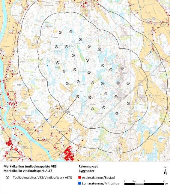 Bild 11.5. Fasta bostäder och fritidshus i närheten av vindkraftsparken i alternativ 3.