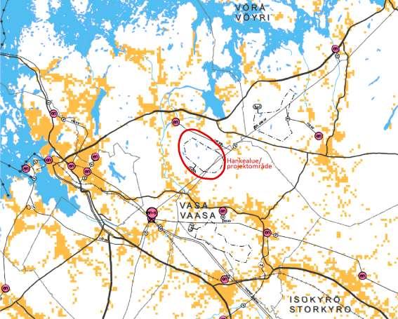 Bild 11.12. Utdrag ur Österbottens etapplandskapsplan 2. Projektområdet har ritats in på plankartan.