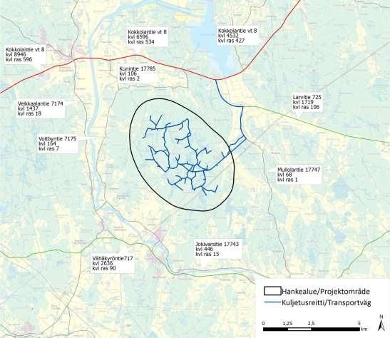 Bild 11.15. Projektets huvudsakliga transportrutt från riksväg 8 samt trafikmängderna på vägarna i närheten av projektområdet 2013.