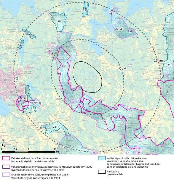 Bild 11.22. Värdefulla landskapsområden och kulturmiljöer på 12 kilometers avstånd från vindkraftverken i alternativ 3. RKY 2009 ersatte den tidigare inventeringen från 1993.