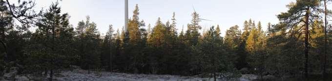 Bild 11.29. Visualiserande bild av alternativ 1 (20 kraftverk) från bergsområdet Kärmeskallio som finns på vindparksområdet. Bild 11.30.