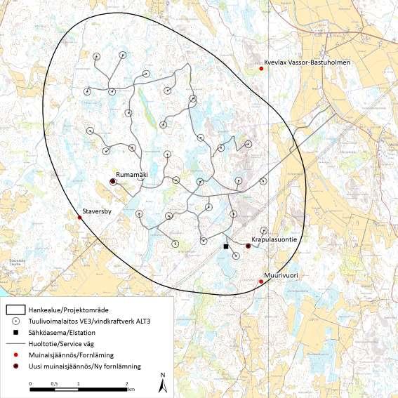 Bild 11.37. Fornlämningar på projektområdet och i dess närhet i alternativ 3. 11.5.3.1 Kända fornlämningar Staversby är en cirka en meter hög kallmurad stengärdesgård som är ungefär 150 meter lång.