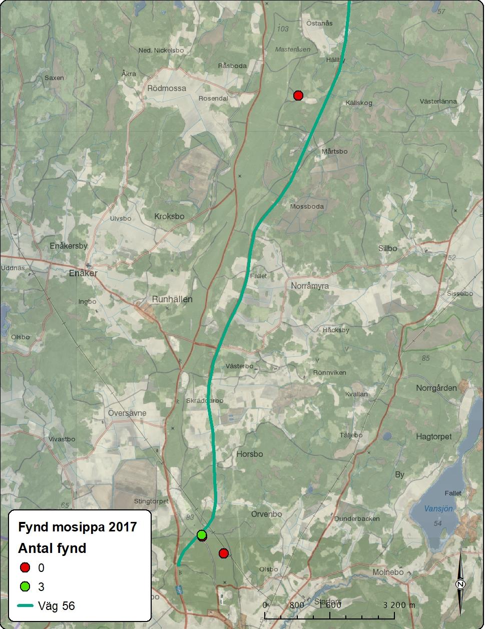 Figur 2. Översiktskarta som visar de lokaler som ingått i inventeringen 2017 dels de lokaler där mosippa påträffades under 2017.