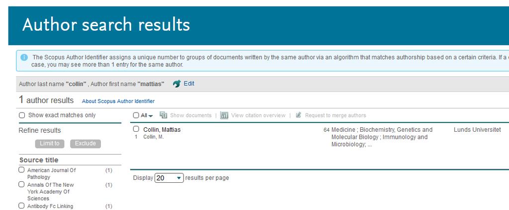 Är man utanför behöver man logga in med sin Lucat. I Scopus gå till Author Search, mata in ditt efternamn och ditt förnamn och klicka på Search.