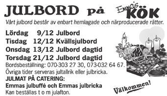 Tel 0940-103 04 Kolgårdens restaurang har öppet 1-2 dec, 8-9 dec & 15-16