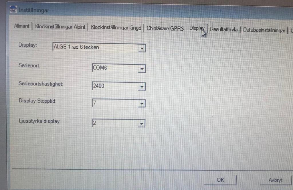 Ställa in SSF Timing för Alge GAZ Display Under inställningar i SSF Timing går man då in på fliken Display Ställer in ALGE 1 rad 6 tecken Serieport, COM6. Kan variera beroende på dator.