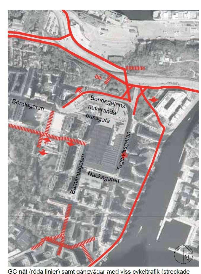Sida 20 (61) Gång- och cykeltrafik Gående kan idag röra sig på trottoaren på båda sidor längs Bondegatan, Tegelviksgatan, Barnängsgatan och Nackagatan.