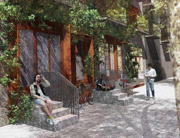 Sida 38 (61) Exempel på entrétrappor (sekundärentré) mot gångfartsgatan Persikogränd. (SKB/ Brunnberg& Forshed, kv 2, bilden är beskuren.