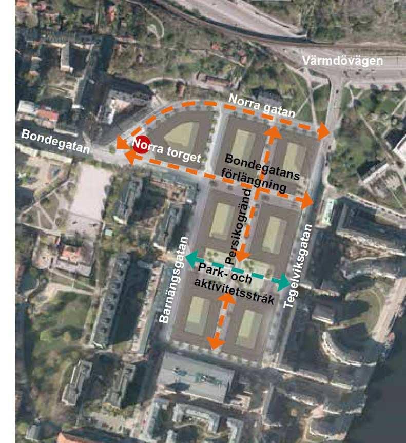Sida 43 (61) innerstadsgator. Gränden trafikeras endast för angöring samt vid behov av räddnings- och servicefordon. Vid parken finns vändplaner för att förhindra trafik genom parken.