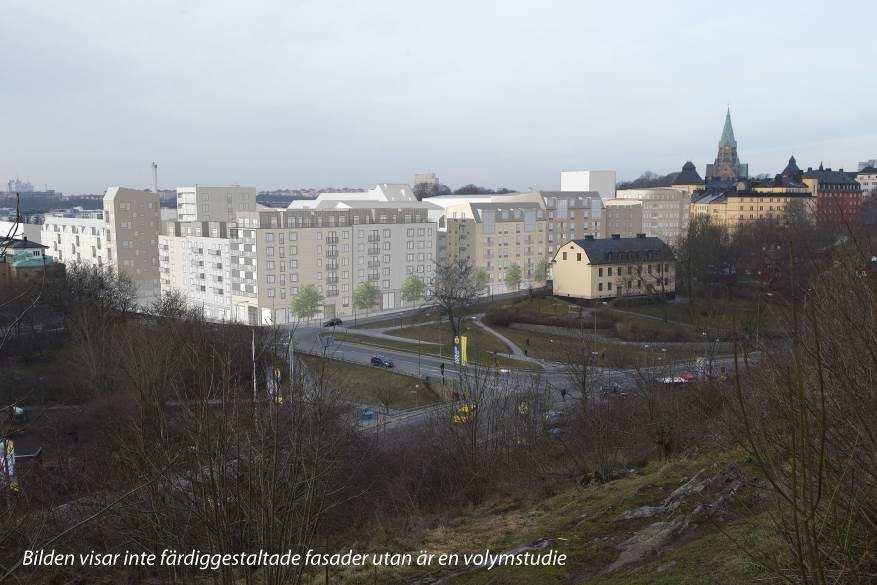 flygfoto av stadsmätningsavdelningen) Fotomontage med volymskiss, vy från Fåfängan.