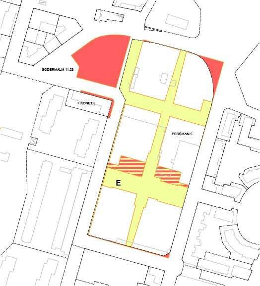 Sida 57 (61) Kartan illustrerar de fastighetsregleringar som blir aktuella i samband med planens genomförande. Gula områden ska överföras till Södermalm 11:23.