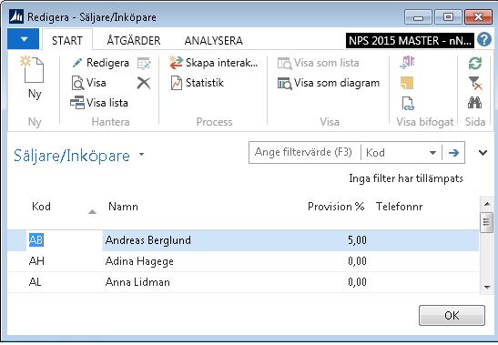 Fältförklaring: Fält Kod Namn Provision % Telefonnr Ange en lämplig kod för säljaren/inköparen Skriv in säljarens/inköparens namn Om säljaren ska erhålla provision på sin försäljning anges