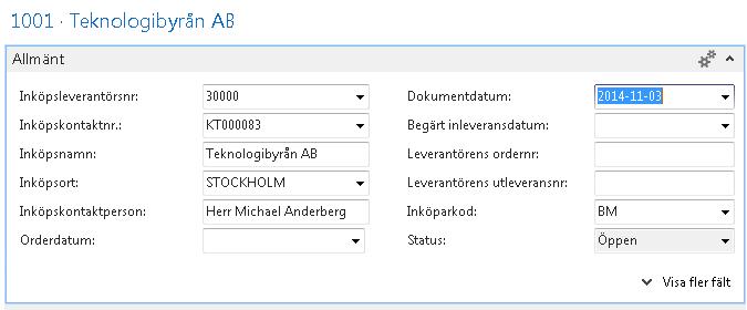 Den nya offerten öppnas i ett nytt fönster. Tryck Enter för att ge offerten ett nummer. Välj den leverantör som du vill skicka offerten till.