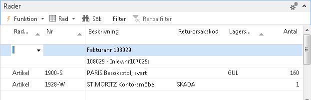 Leta upp dokumentet med artiklarna du vill returnera och markera de rader som ska