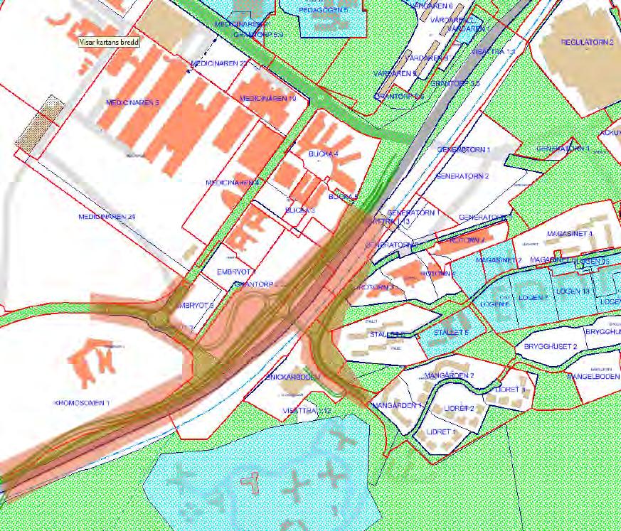 KOMMUNSTYRELSENS FÖRVALTNING SIDA KS 2015-1707 6 (34) Ungefärligt planområdet i rött med fastigheter utmarkerade i blå text med trafikplatsen och anslutande vägar inritade.