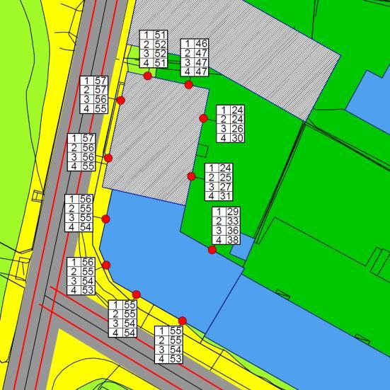 5.2 Inkl. planerad ny bebyggelse vid Stranden 35:1 I figur 4 och 5 redovisas beräknad ekvivalent och maximal ljudnivå vid fasad (frifältsvärde) inklusive planerad ny bebyggelse på Stranden 35:1.