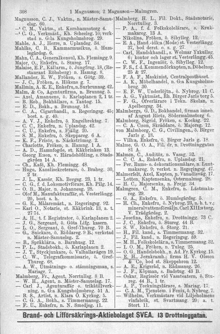 308 1 Magnusson. 2, MagnusonMalmgren. Magnusson, C. J., Vaktm., n. MästerSamu Malmberg, H. L., Fil. Dokt., Stadsnotarie, elsg. 60. Norrtullag. 3. _t C. M., Vaktm., st. Kornhamnstorg 4. P. A., f. d.