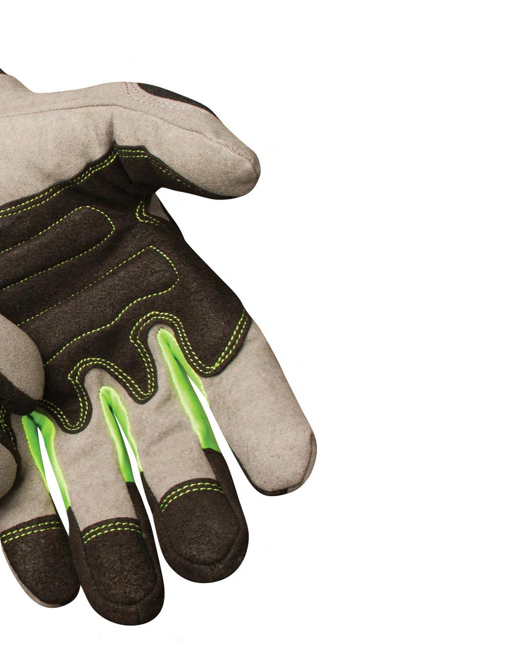 Vi använder gröna Hi-Viz detaljer som reflekteras både mellan fingrar, i sömmar och i logon.
