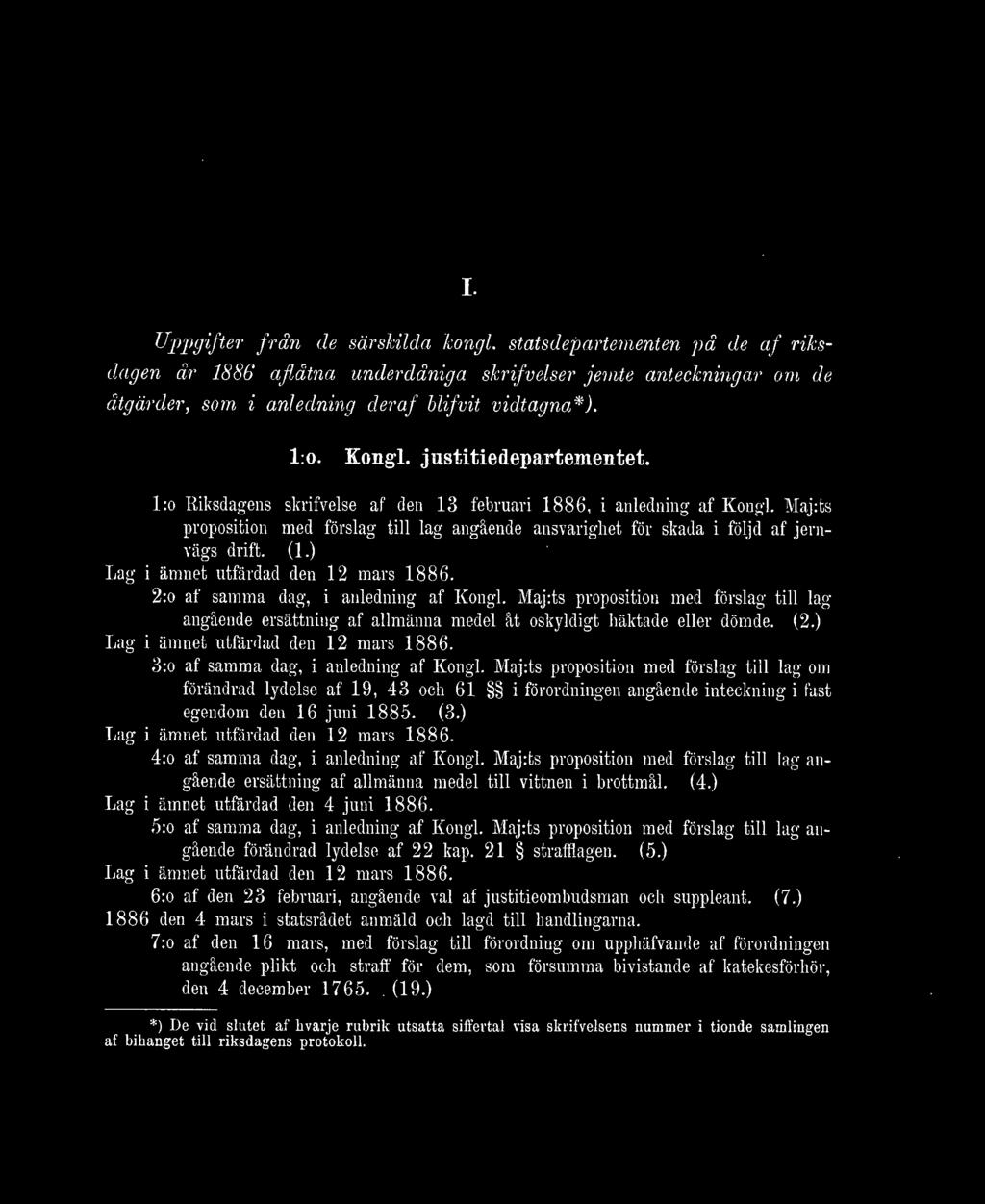 (1.) Lag i ämnet utfärdad den 12 mars 1886. 2:o af samma dag, i anledning af Kongl. Maj:ts proposition med förslag till lag angående ersättning af allmänna medel åt oskyldigt häktade eller dömde. (2.