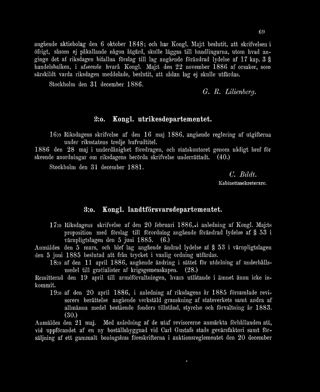 3 handelsbalken, i afseende hvarå Kong!. Maj:t den 22 november 1886 af orsaker, som särskild! varda riksdagen meddelade, beslutit, att sådan lag ej skulle utfärdas. Stockholm den 31 december 1886. G.